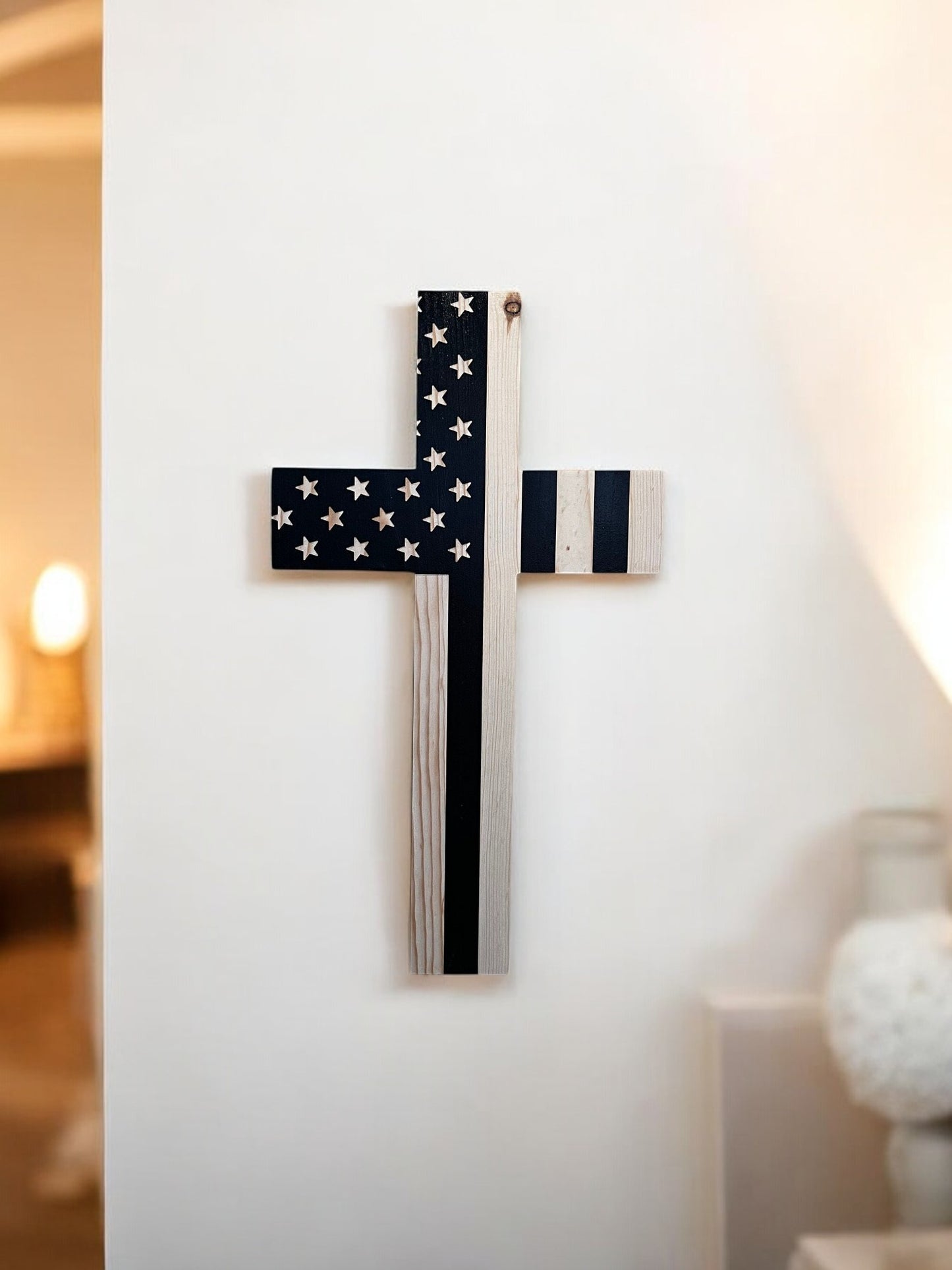 American Flag Cross Carved Wooden Wall Art