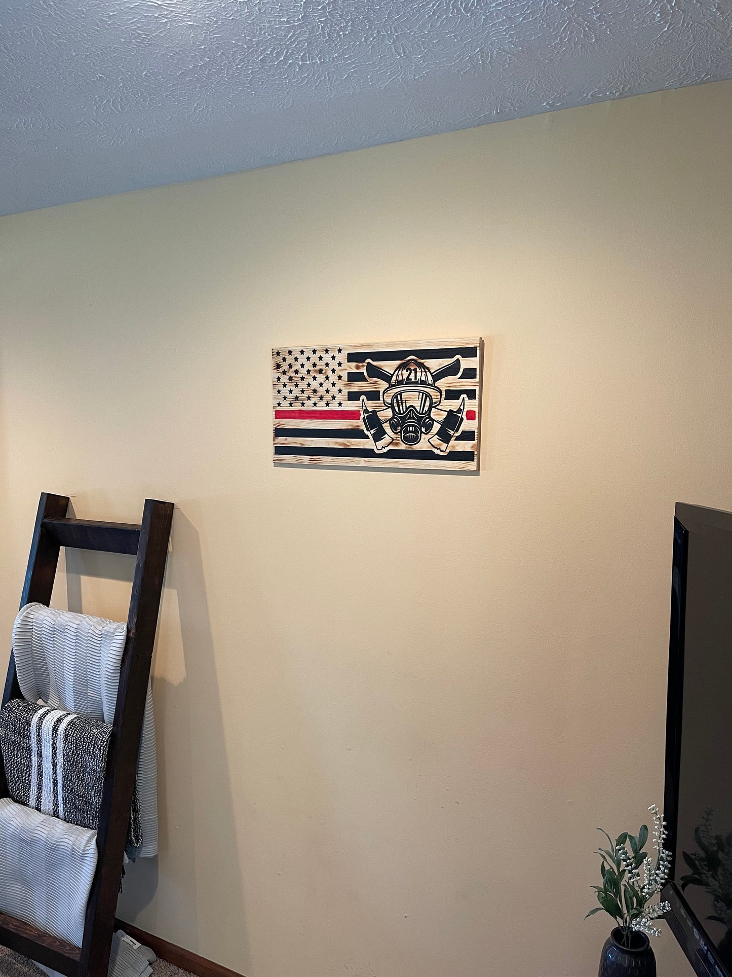 Thin Red Line Firefighter American Flag Carved Wooden Wall Art