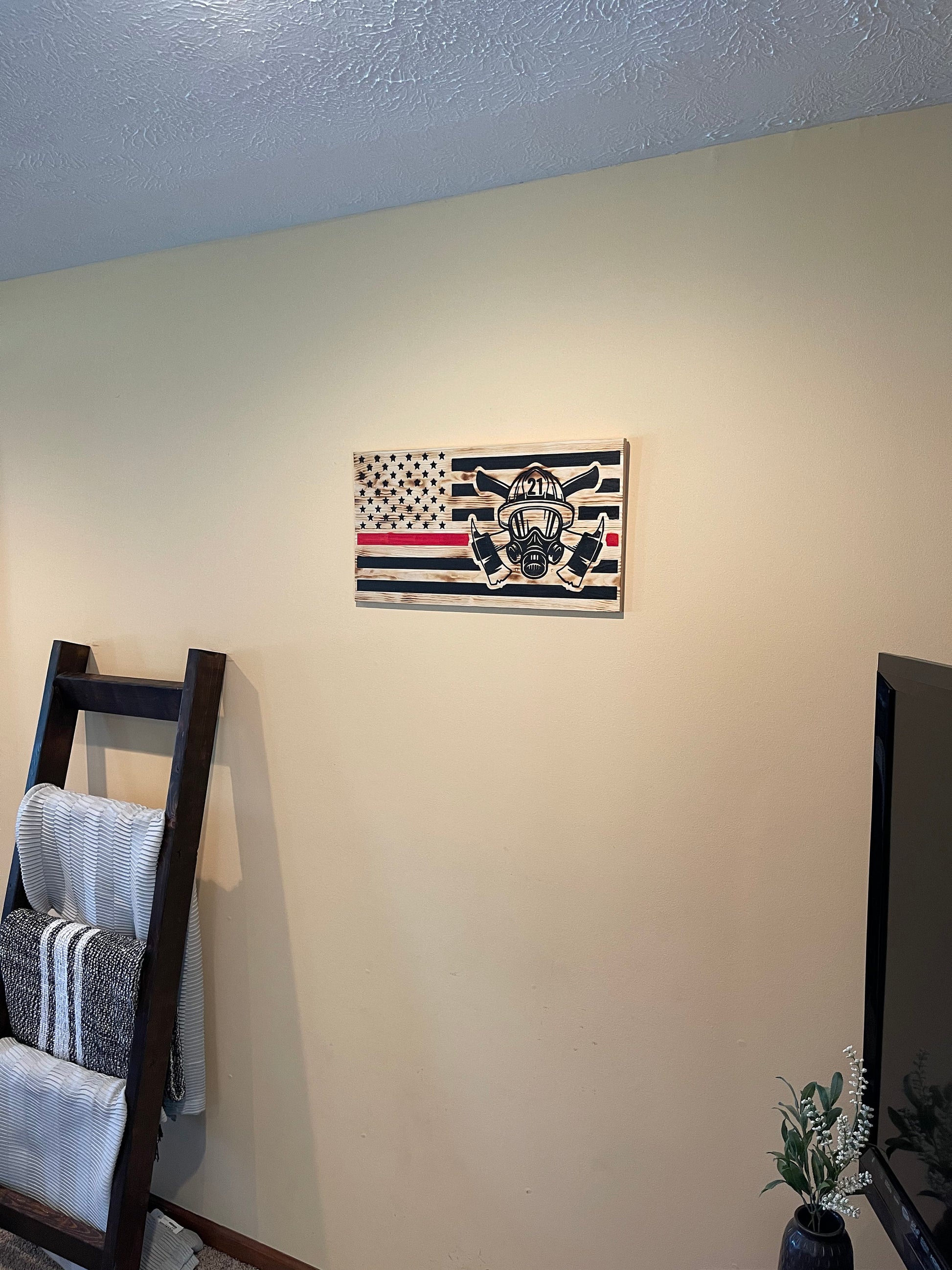 Thin Red Line Firefighter American Flag Carved Wooden Wall Art