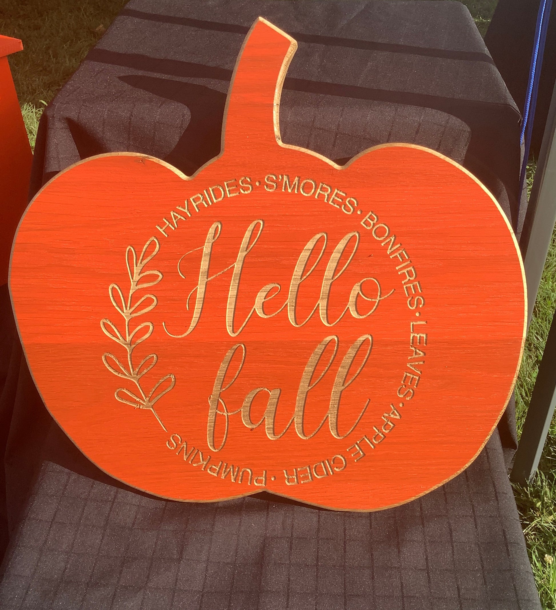 Engraved Hello Fall Pumpkin Sign, 18" Hardwood Autumn Decor