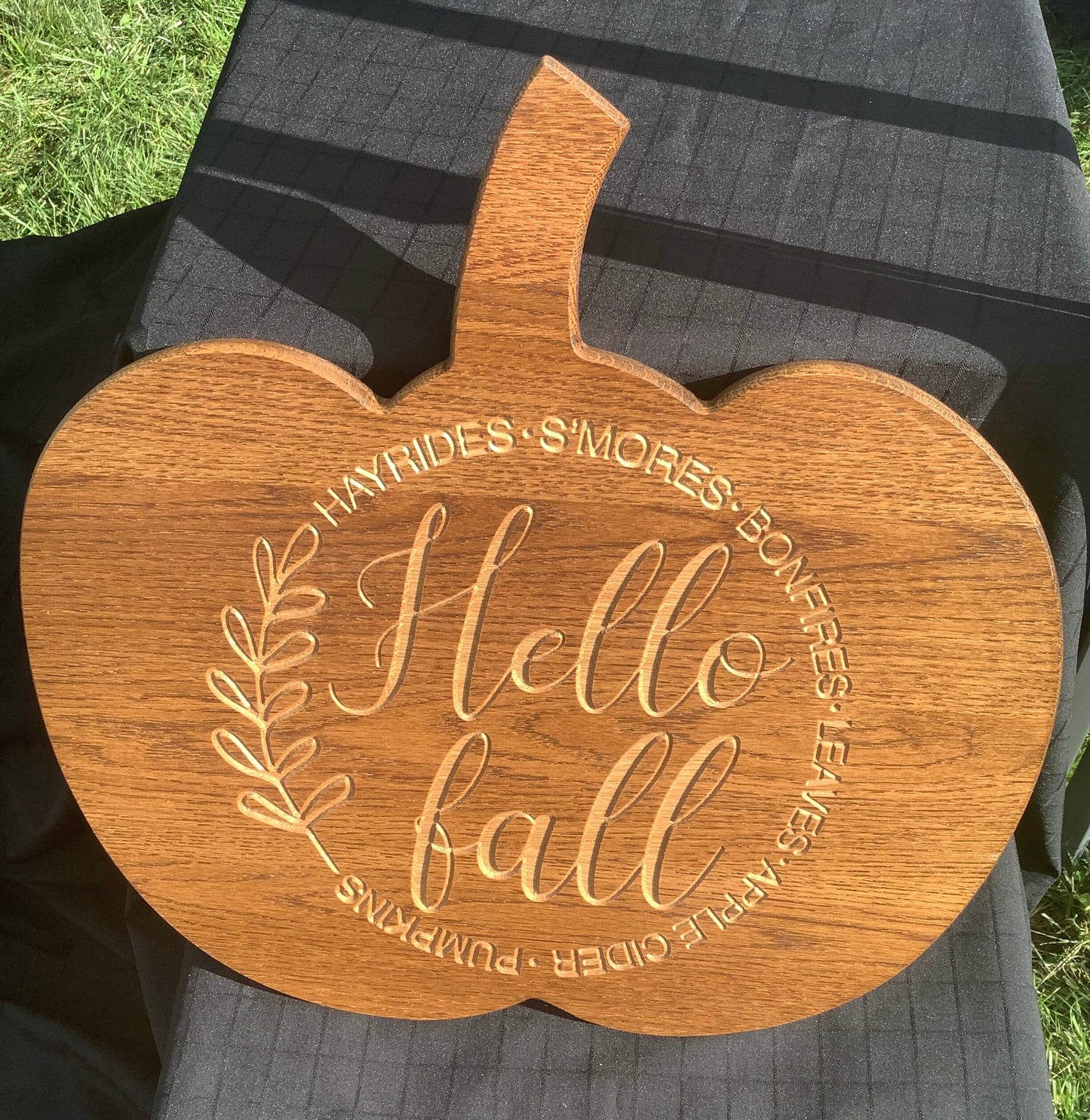 Engraved Hello Fall Pumpkin Sign, 18" Hardwood Autumn Decor