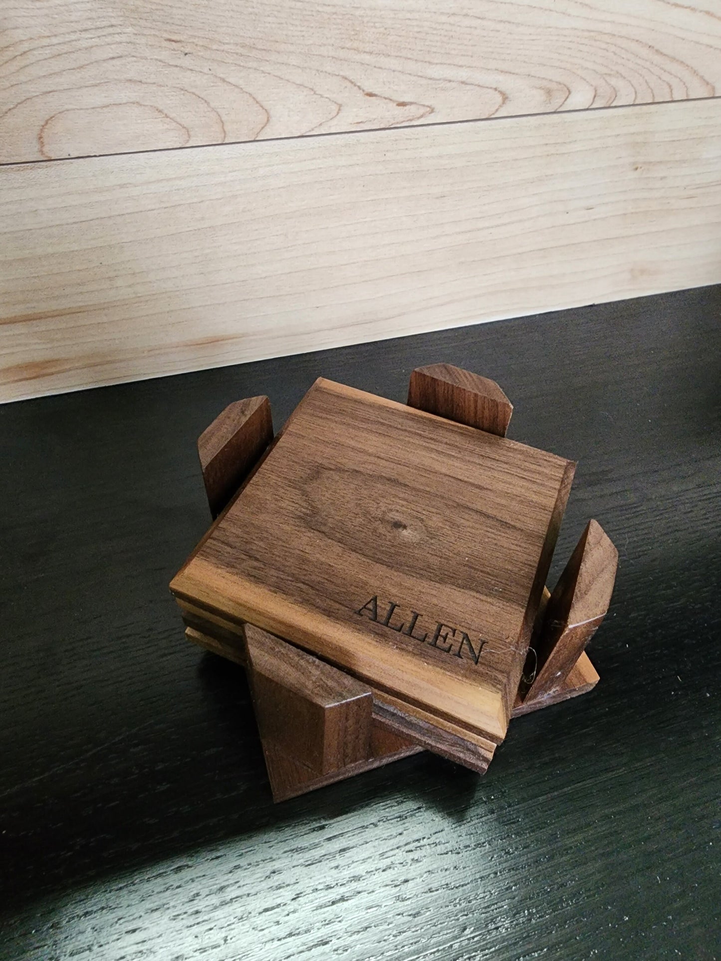 Personalized Walnut Wood Coaster Set with Holder, Engraved Corporate Gift