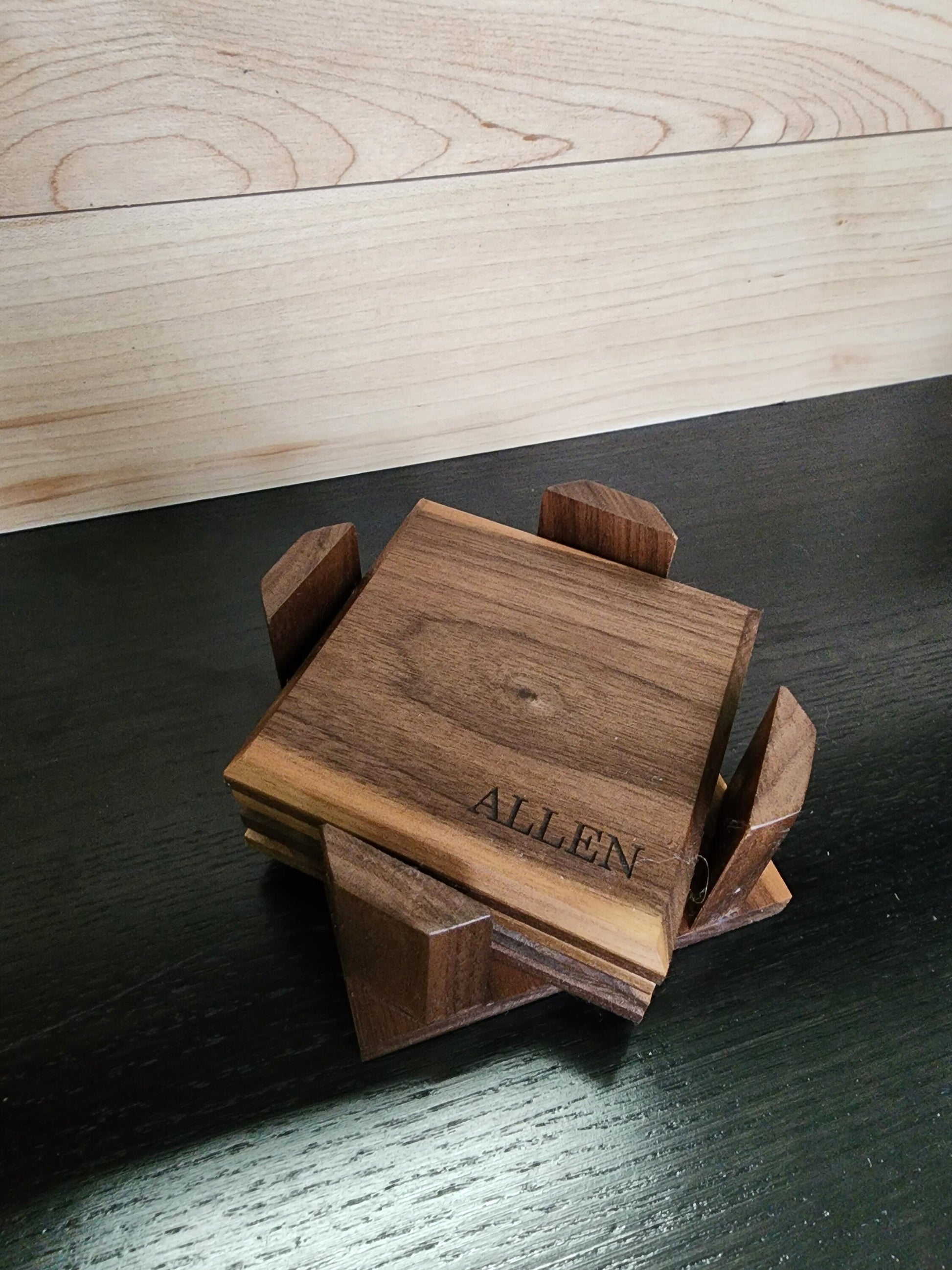 Personalized Walnut Wood Coaster Set with Holder, Engraved Corporate Gift