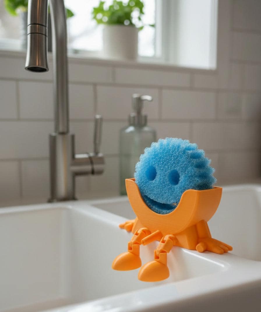 Sitting Sponge Holder for Scrub Daddy® | 3D Printed Kitchen Sink Caddy | Fun Sponge Drainer with Dangling Legs | Eco-Friendly Kitchen Decor