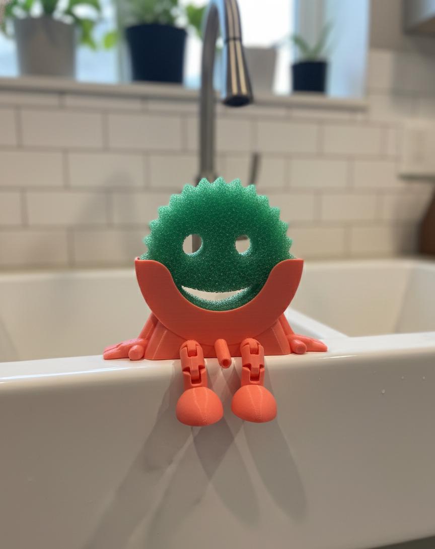 Sitting Sponge Holder for Scrub Daddy® | 3D Printed Kitchen Sink Caddy | Fun Sponge Drainer with Dangling Legs | Eco-Friendly Kitchen Decor