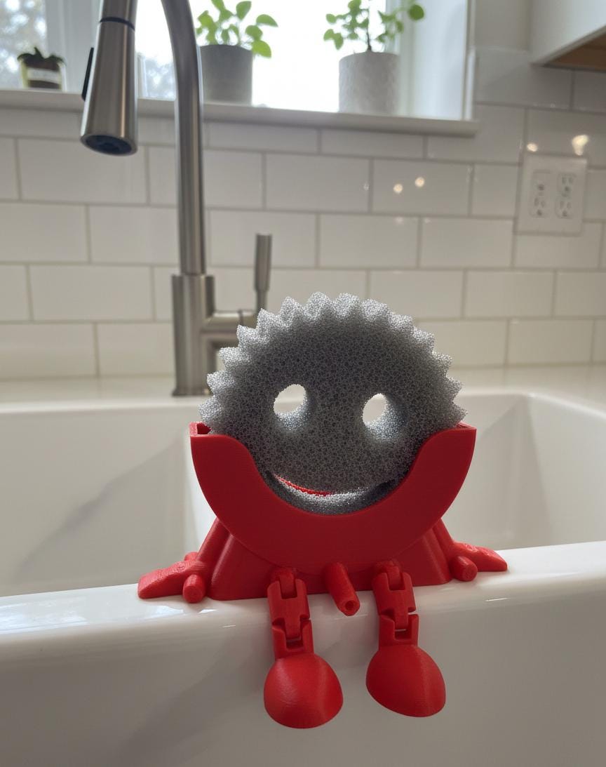 Sitting Sponge Holder for Scrub Daddy® | 3D Printed Kitchen Sink Caddy | Fun Sponge Drainer with Dangling Legs | Eco-Friendly Kitchen Decor