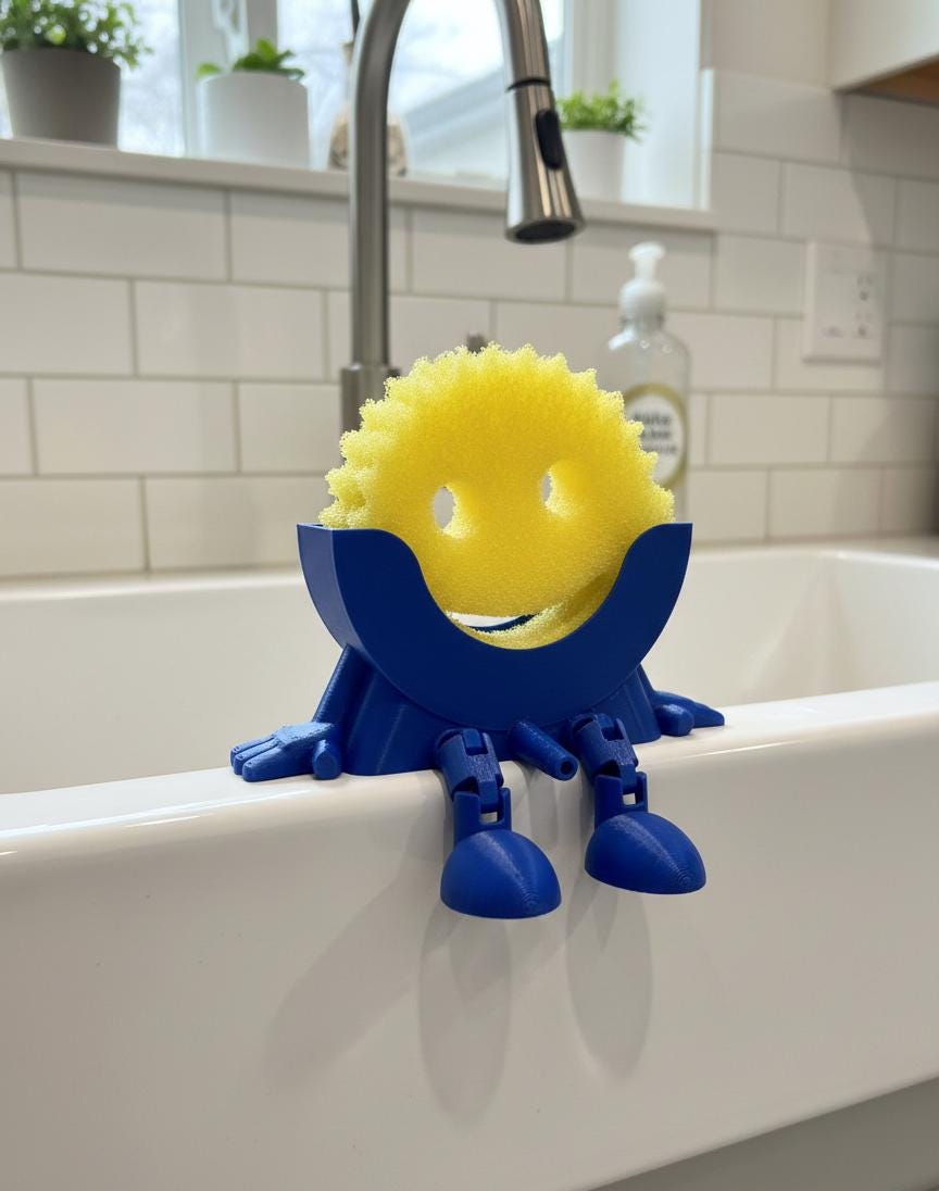 Sitting Sponge Holder for Scrub Daddy® | 3D Printed Kitchen Sink Caddy | Fun Sponge Drainer with Dangling Legs | Eco-Friendly Kitchen Decor