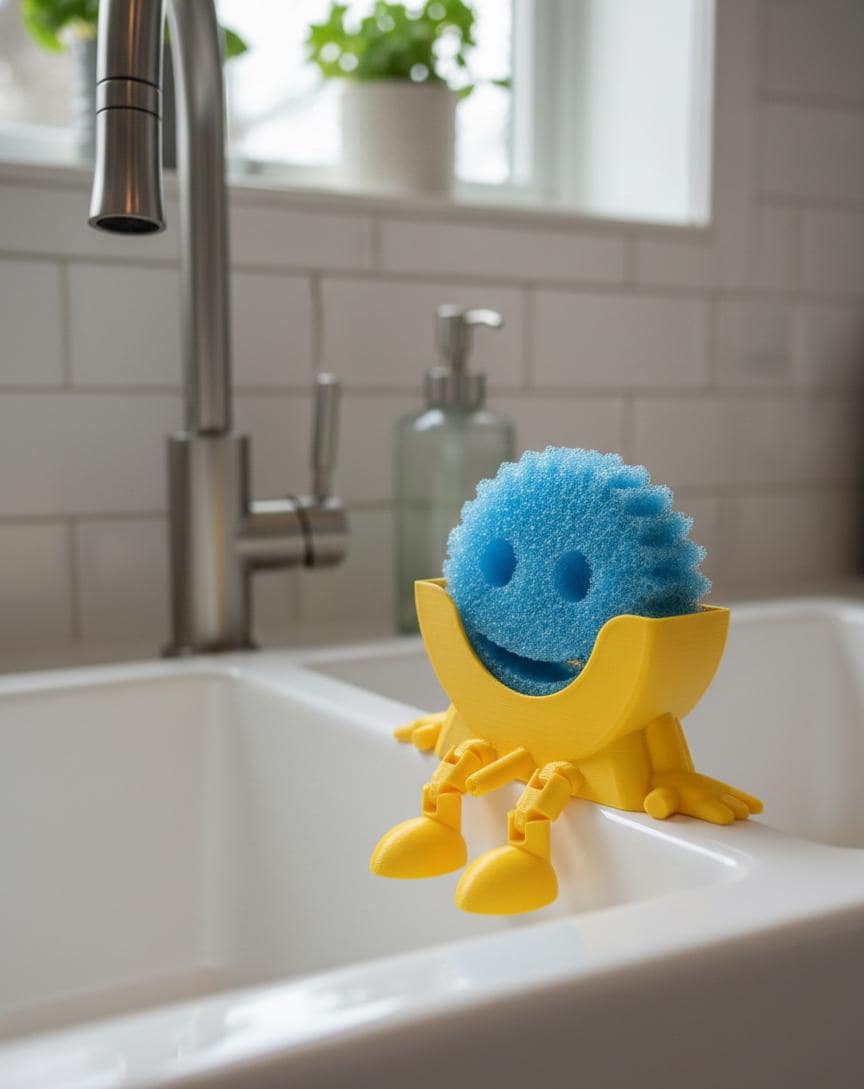 Sitting Sponge Holder for Scrub Daddy® | 3D Printed Kitchen Sink Caddy | Fun Sponge Drainer with Dangling Legs | Eco-Friendly Kitchen Decor