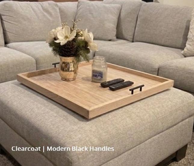 Large Oak Ottoman Tray with Handles | Farmhouse Coffee Table Centerpiece