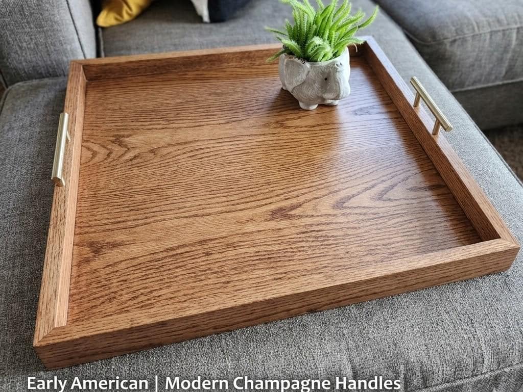 Large Oak Ottoman Tray with Handles | Farmhouse Coffee Table Centerpiece
