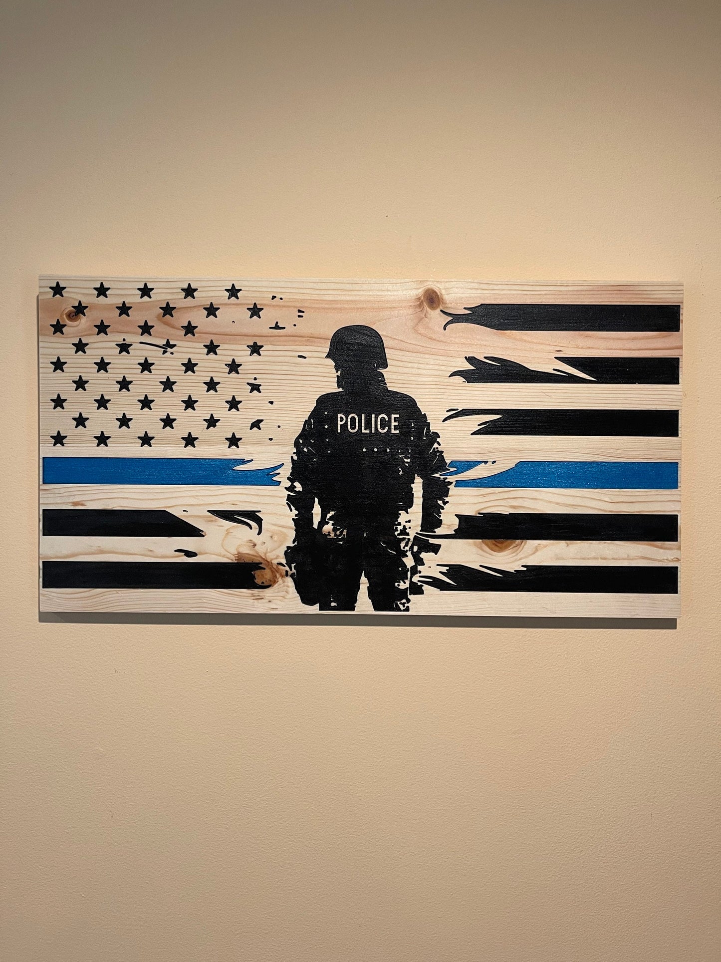 Thin Blue Line Police Officer Distressed American Flag Carved Wooden Wall Art