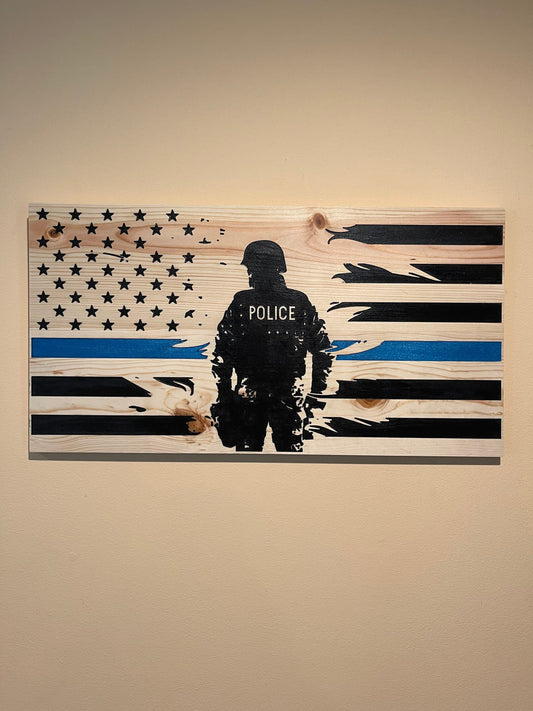 Thin Blue Line Police Officer Distressed American Flag Carved Wooden Wall Art