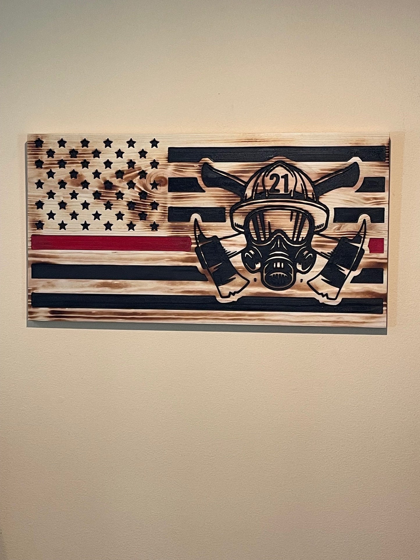 Thin Red Line Firefighter American Flag Carved Wooden Wall Art