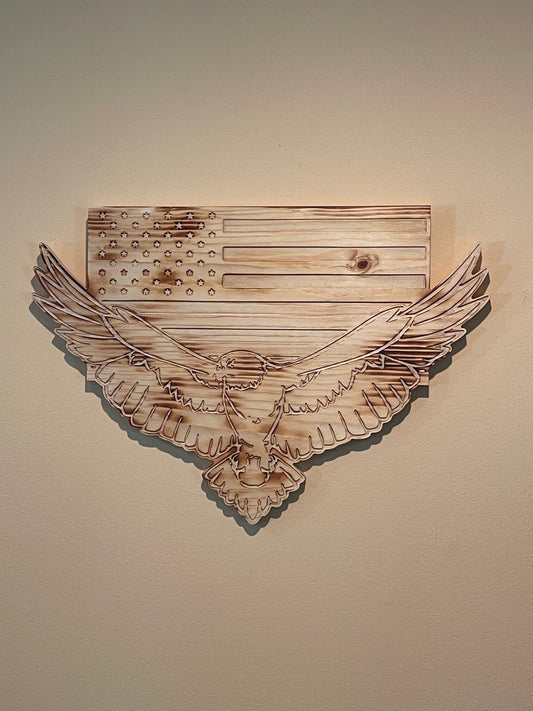 Eagle with American Flag Carved Wooden Wall Art